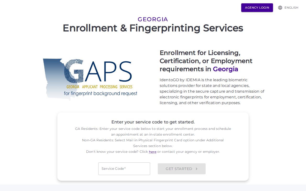 Georgia Applicant Processing Service IdentoGO appointment page